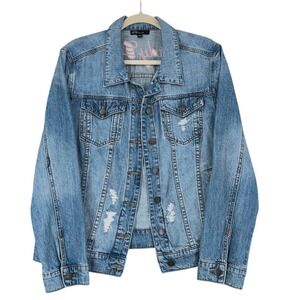 STS Blue Women's Distressed Denim Jacket Lady Gang Embroidery Medium Blue